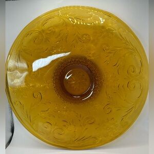 Indiana Glass Tiara Floral Low Footed Cake Plate. Amber. 13”.